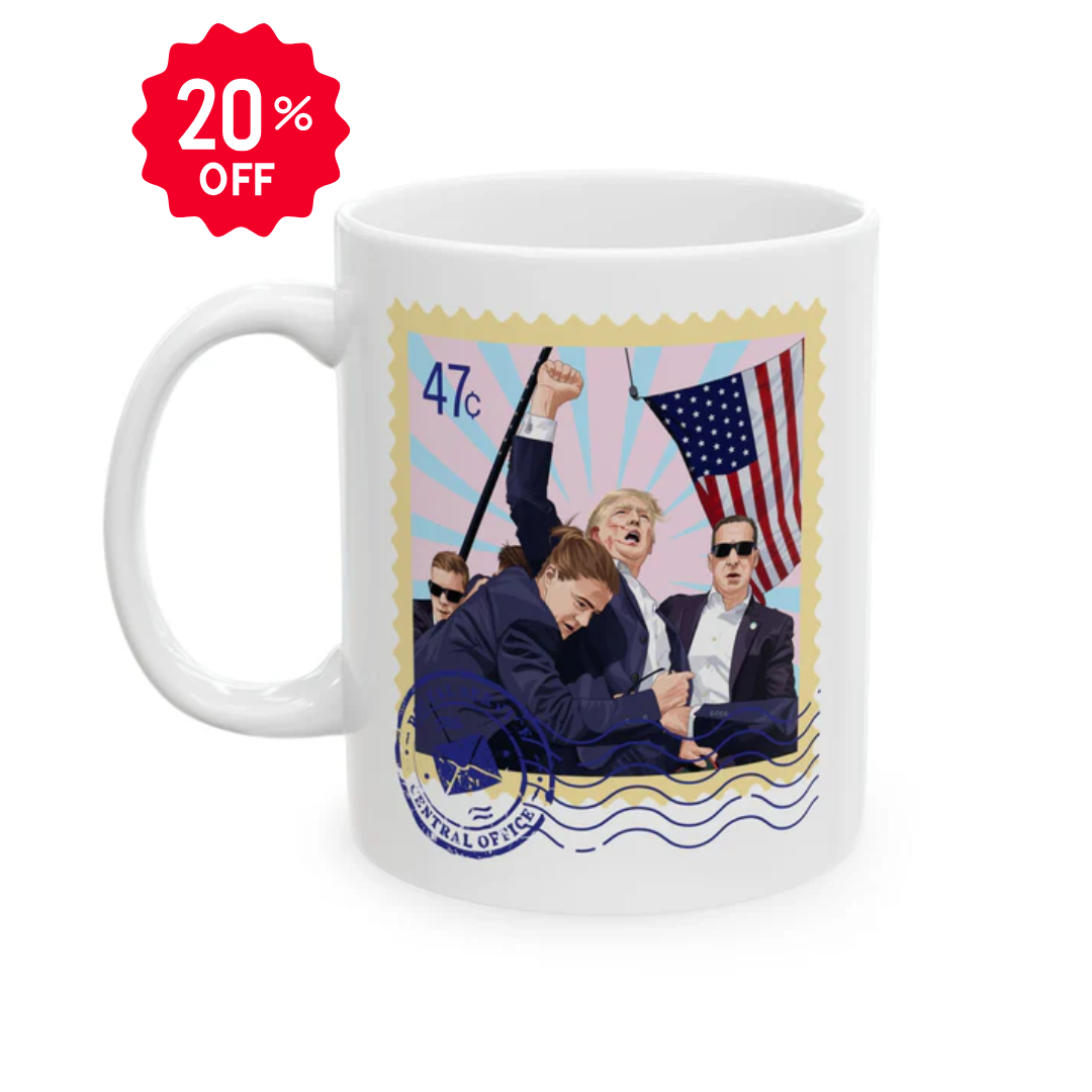 Trump 47c Assassination Defiance Cartoon Art Postage Stamp - Ceramic Mug (White, 11oz)