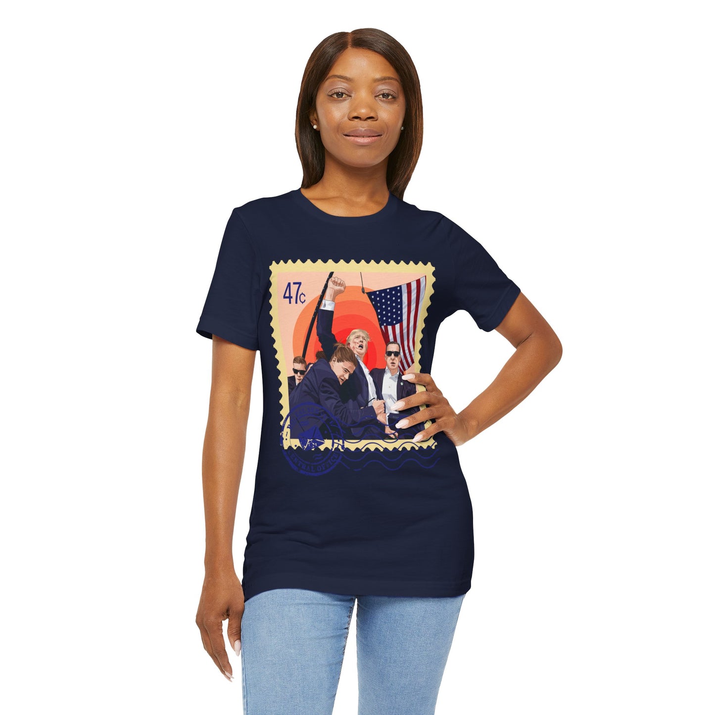 Trump 47c Assassination Defiance Cartoon Art I Postage Stamp - Unisex T-Shirt