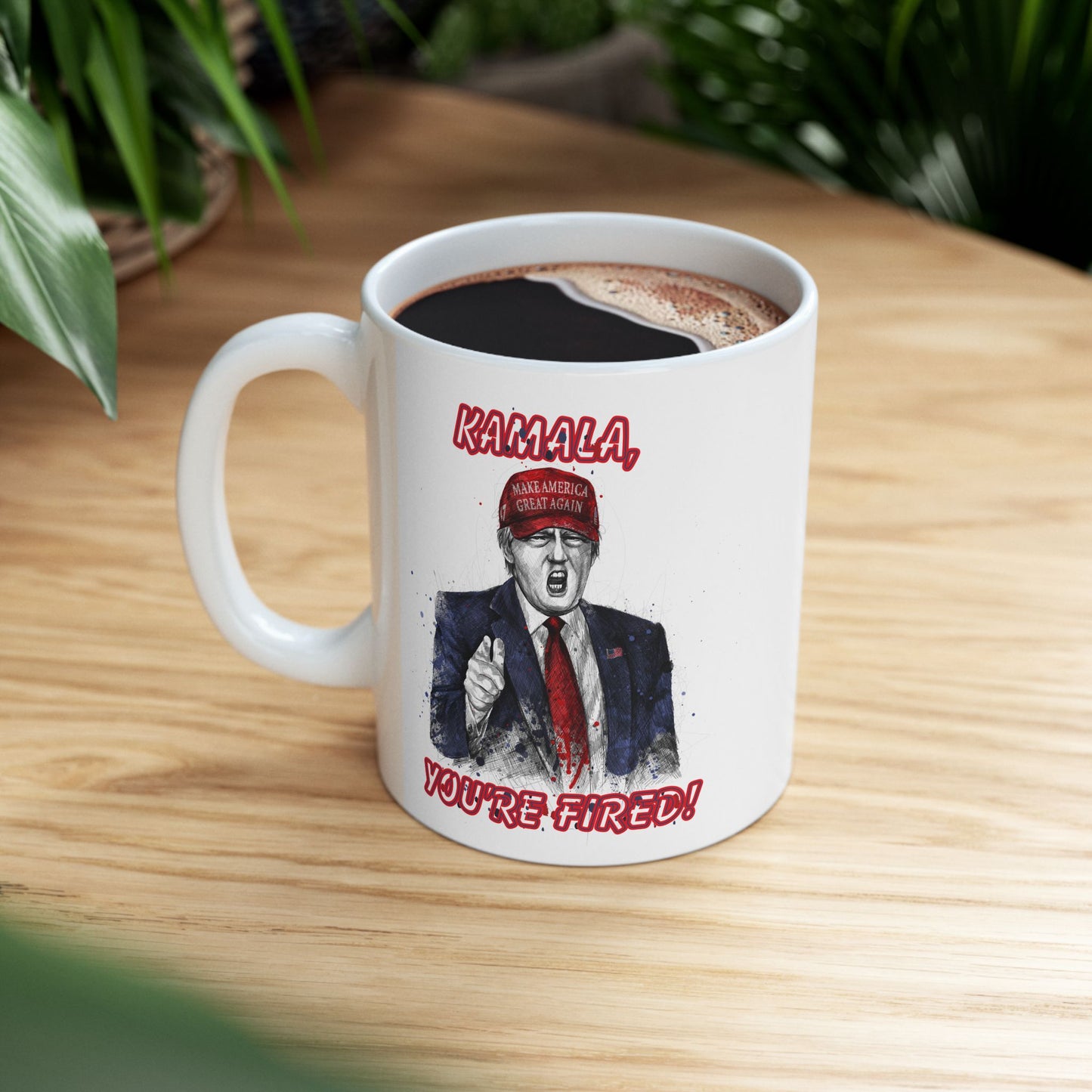 Trump "KAMALA, YOU'RE FIRED!" Scribble Art - Ceramic Mug (White, 11oz)