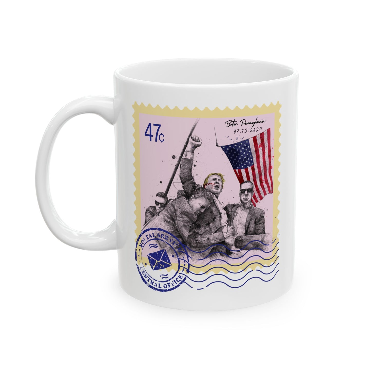 Trump 47c Assassination Defiance Scribble Art Postage Stamp - Ceramic Mug (White, 11oz)