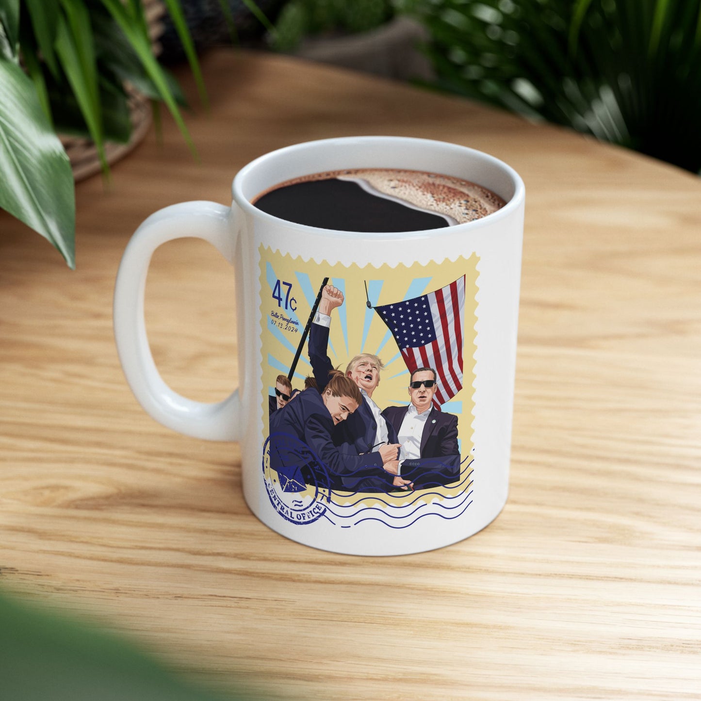 Trump 47c Assassination Defiance Cartoon Art II Postage Stamp - Ceramic Mug (White, 11oz)