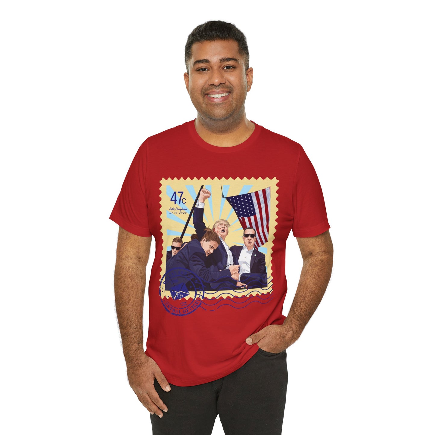 Trump 47c Assassination Defiance Cartoon Art II Postage Stamp - Unisex T-Shirt