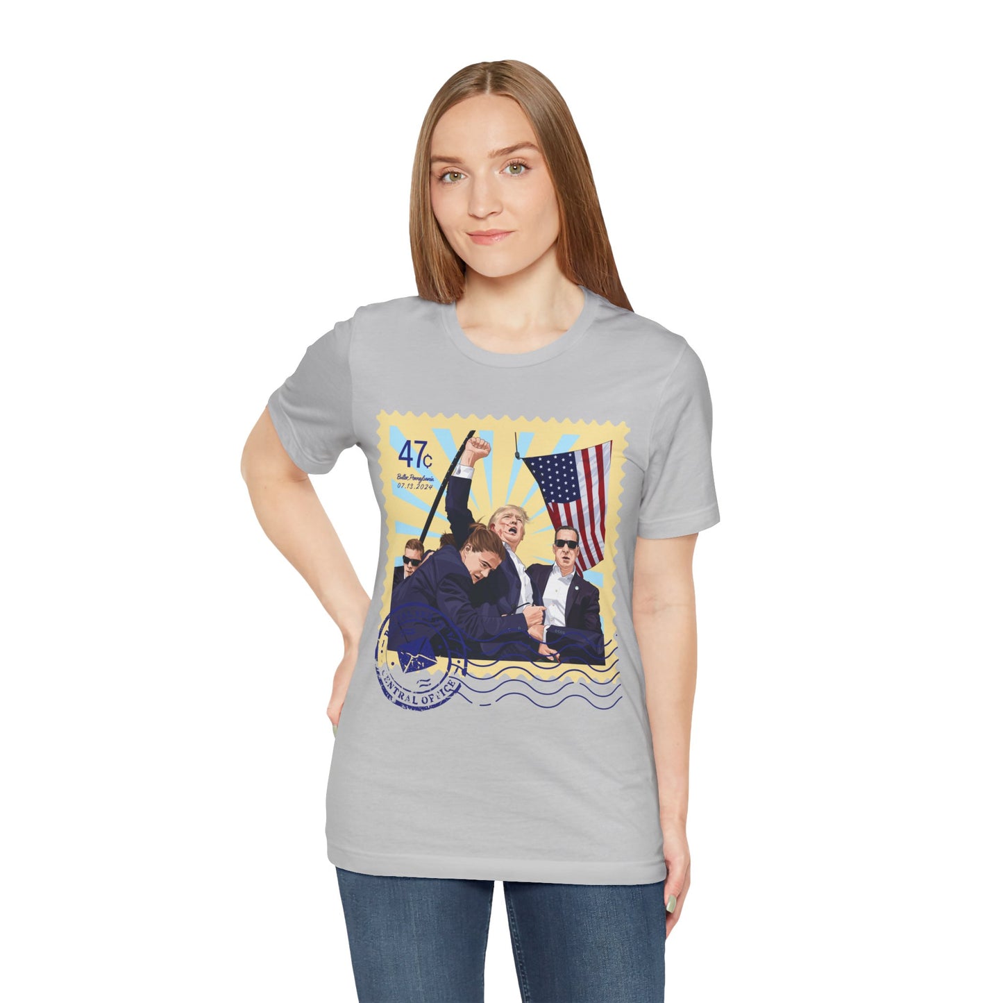 Trump 47c Assassination Defiance Cartoon Art II Postage Stamp - Unisex T-Shirt