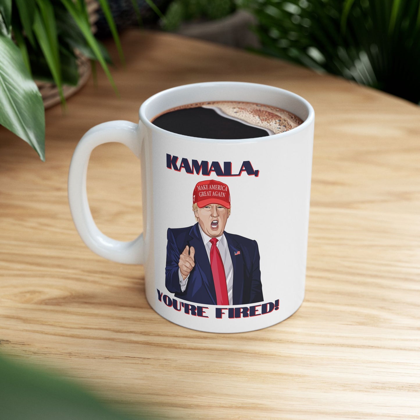 Trump "KAMALA, YOU'RE FIRED!" Cartoon Art IV - Ceramic Mug (White, 11oz)