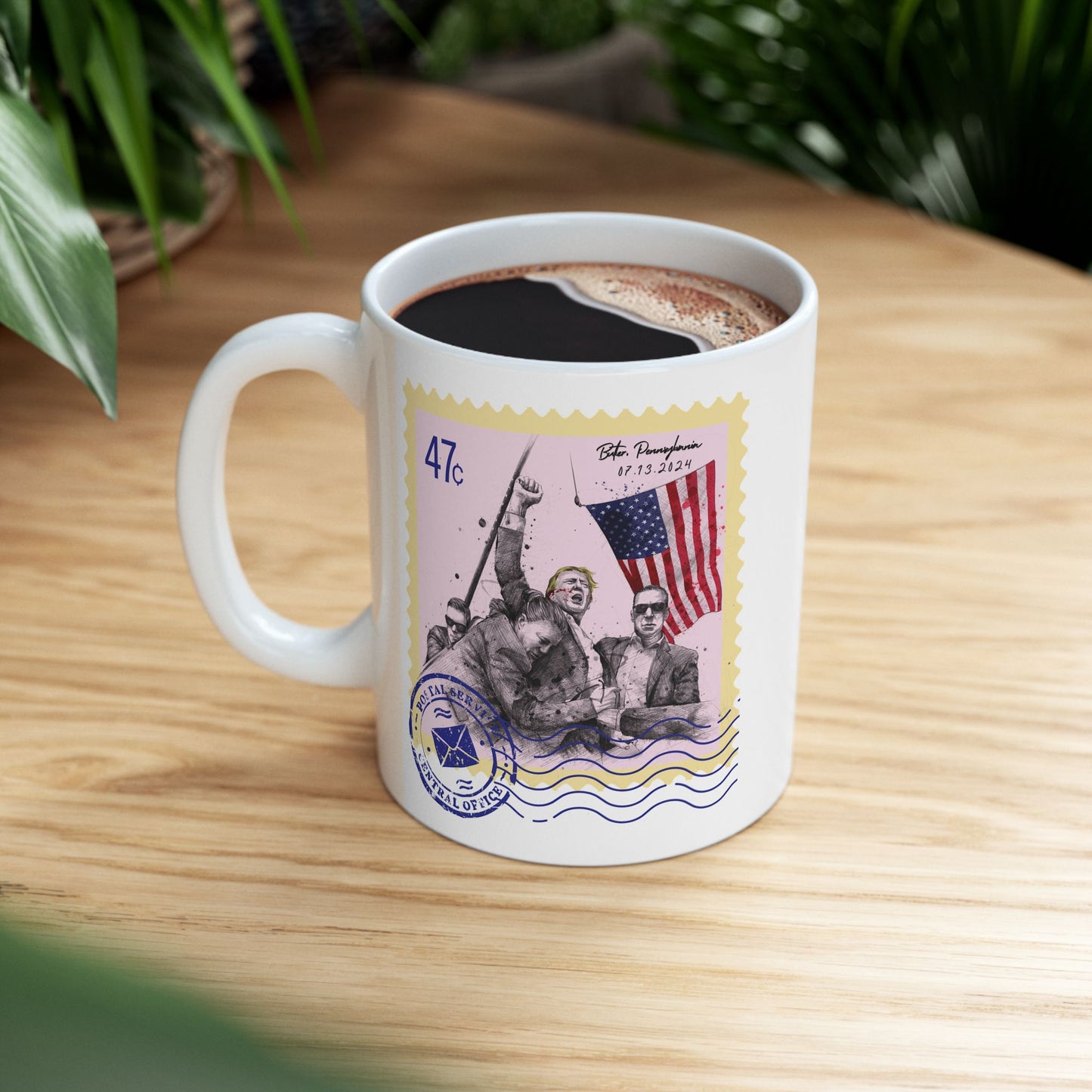 Trump 47c Assassination Defiance Scribble Art Postage Stamp - Ceramic Mug (White, 11oz)