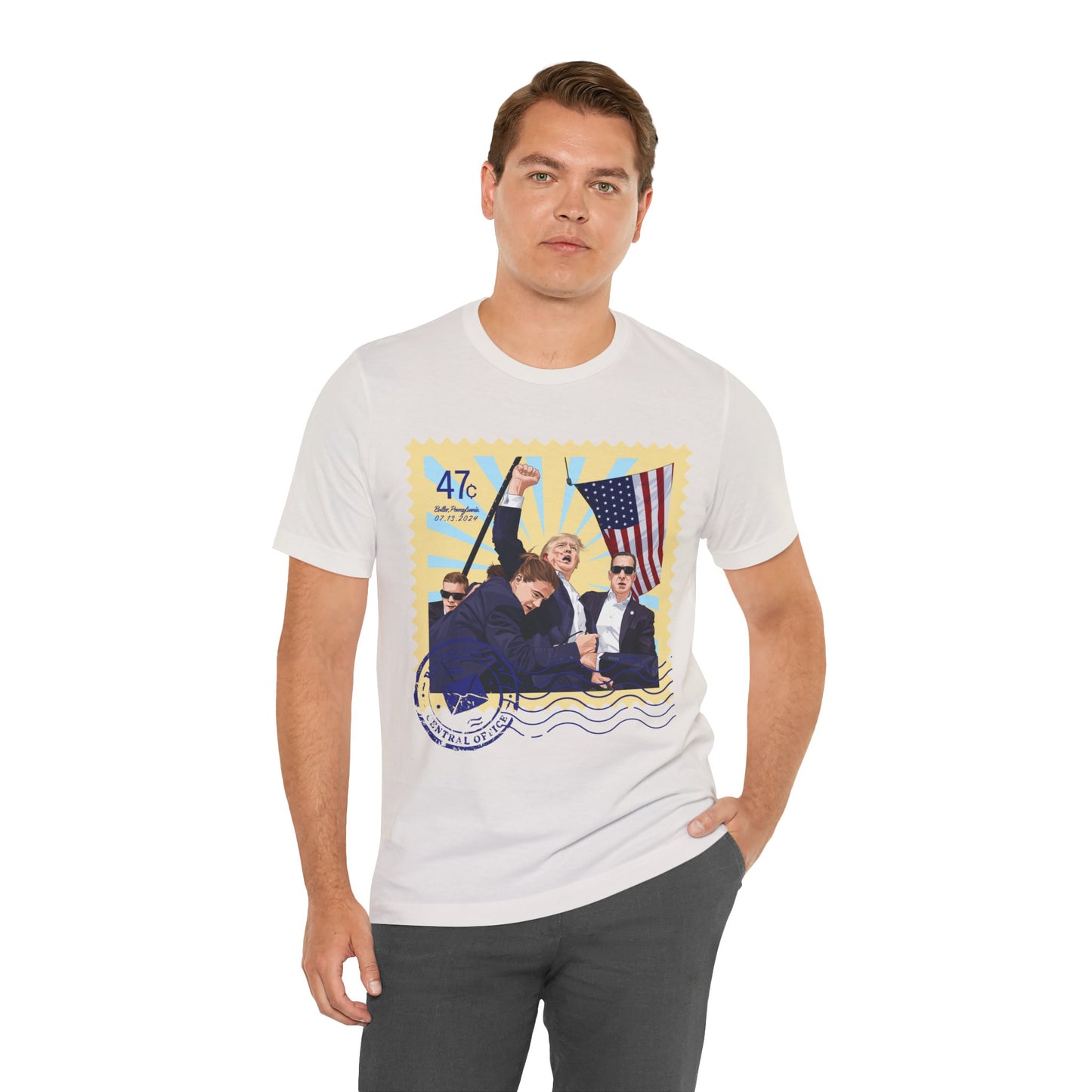 Trump 47c Assassination Defiance Cartoon Art II Postage Stamp - Unisex T-Shirt