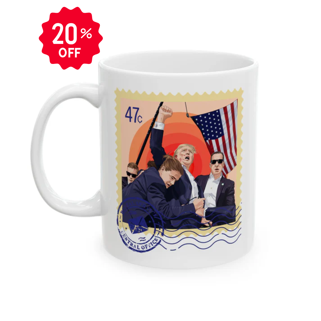 Trump 47c Assassination Defiance Cartoon Art I Postage Stamp - Ceramic Mug (White, 11oz)