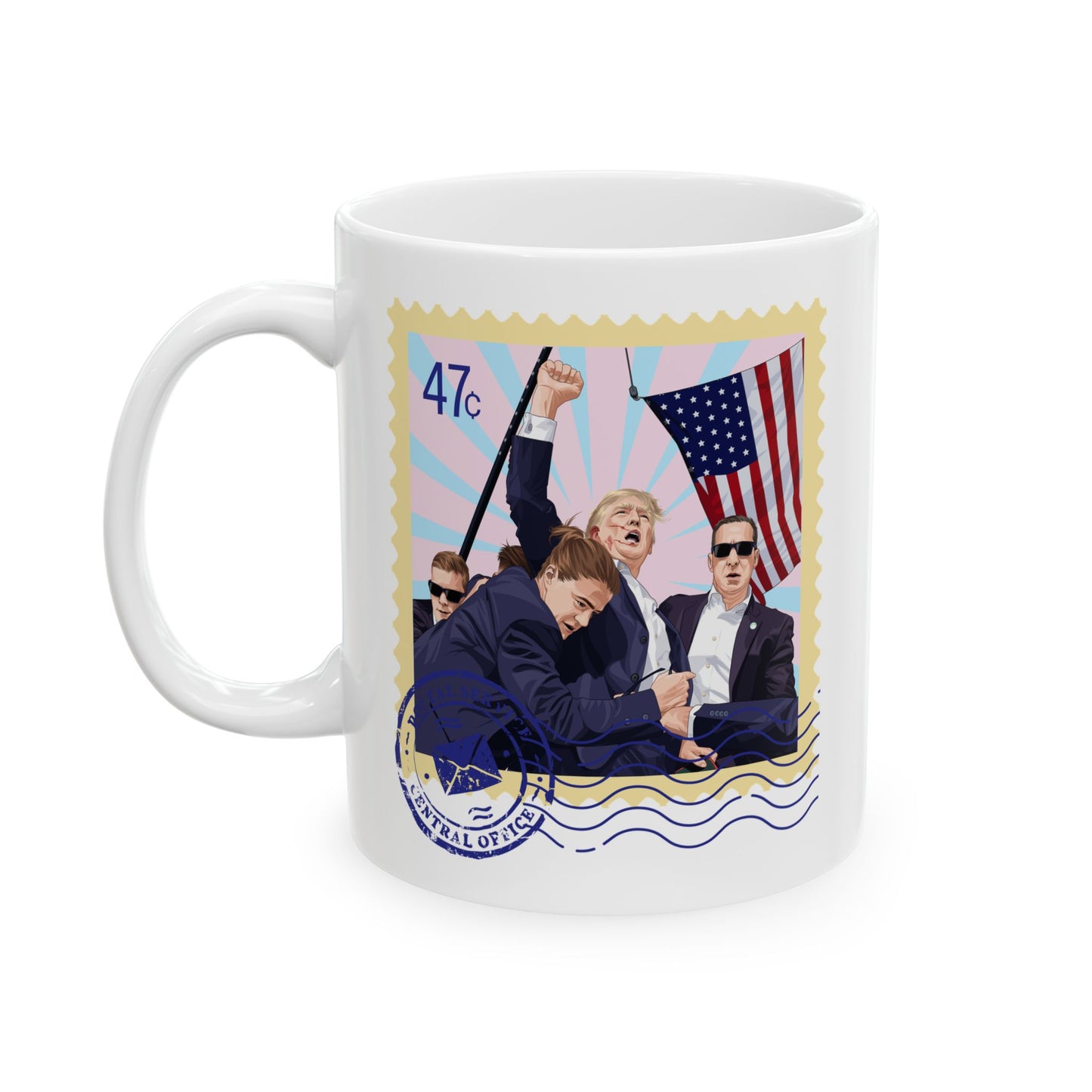 Trump 47c Assassination Defiance Cartoon Art Postage Stamp - Ceramic Mug (White, 11oz)