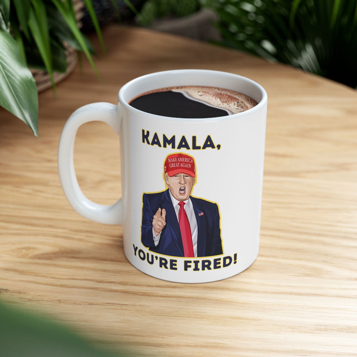 Trump "KAMALA, YOU'RE FIRED!" Cartoon Art II - Ceramic Mug (White, 11oz)