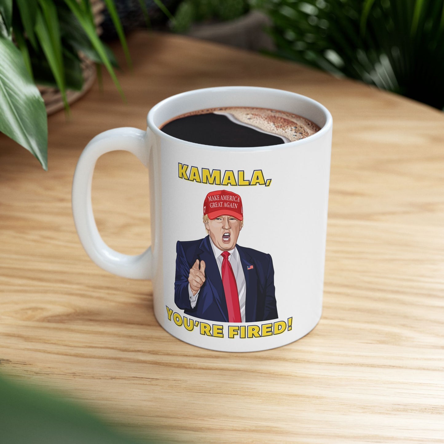 Trump "KAMALA, YOU'RE FIRED!" Cartoon Art I - Ceramic Mug (White, 11oz)