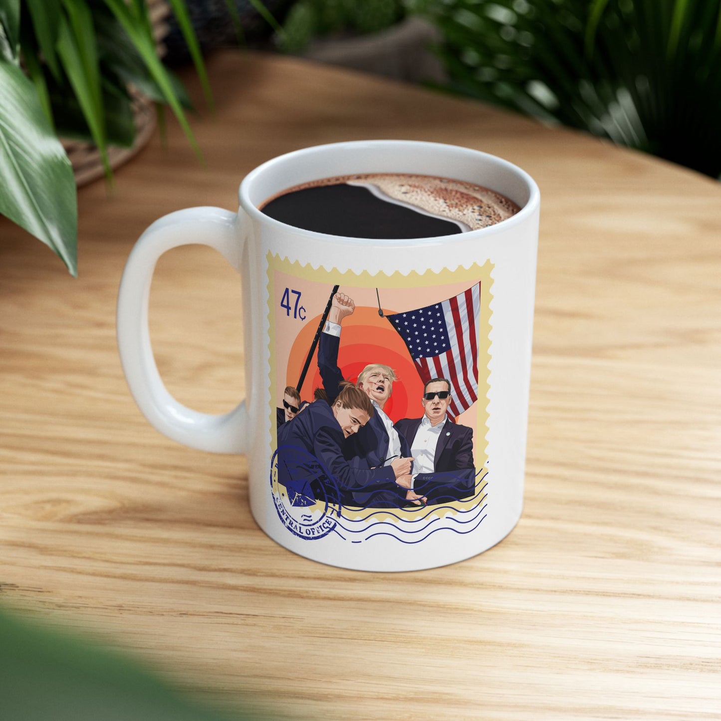 Trump 47c Assassination Defiance Cartoon Art I Postage Stamp - Ceramic Mug (White, 11oz)