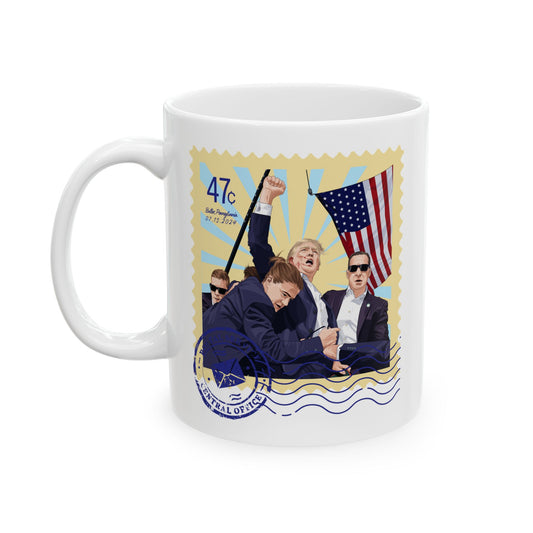 Trump 47c Assassination Defiance Cartoon Art II Postage Stamp - Ceramic Mug (White, 11oz)