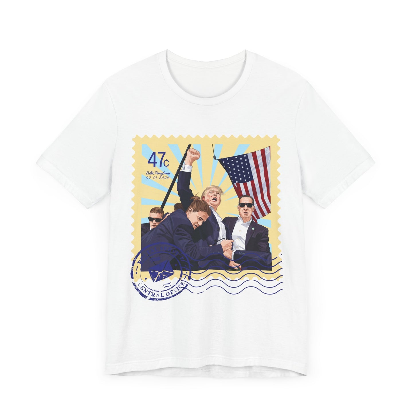 Trump 47c Assassination Defiance Cartoon Art II Postage Stamp - Unisex T-Shirt