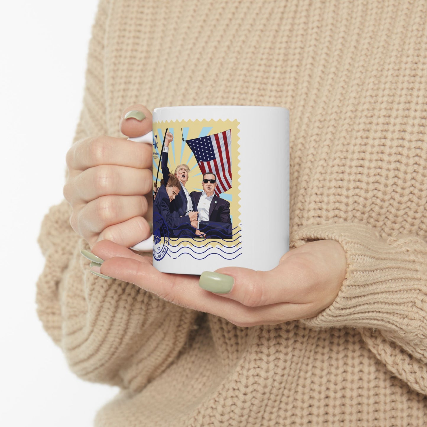 Trump 47c Assassination Defiance Cartoon Art II Postage Stamp - Ceramic Mug (White, 11oz)