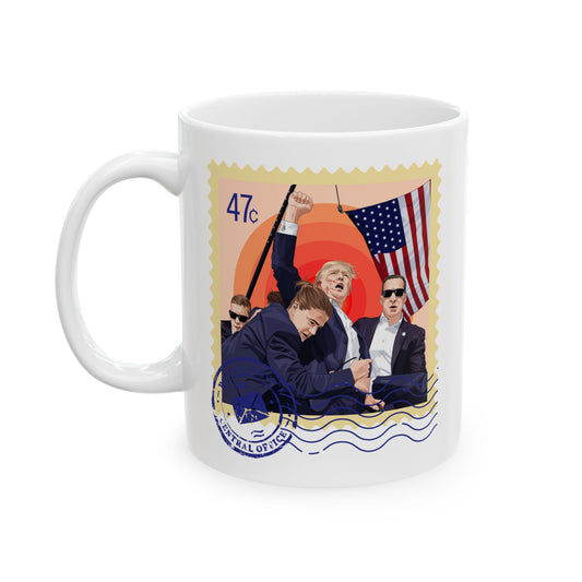 Trump 47c Assassination Defiance Cartoon Art I Postage Stamp - Ceramic Mug (White, 11oz)