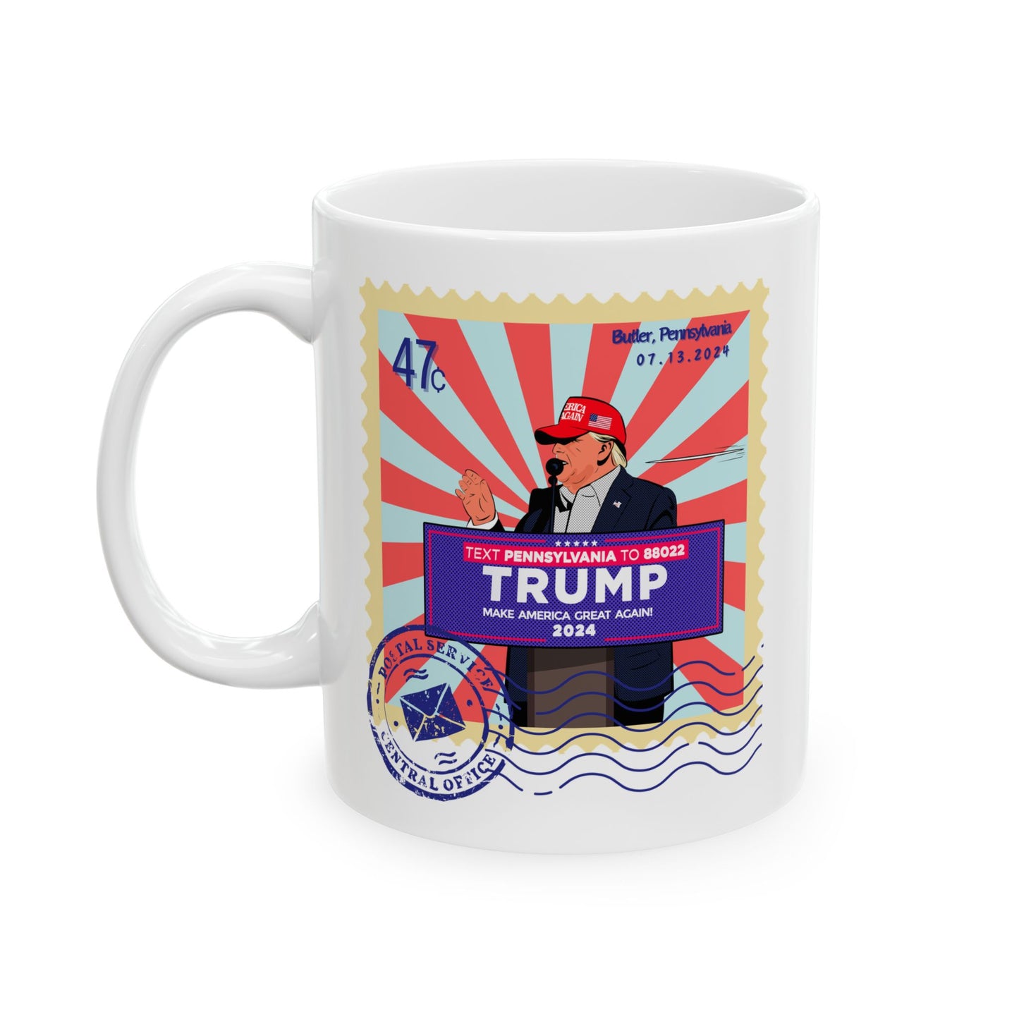 Trump 47c Bullet Dodger Postage Stamp - Ceramic Mug (White, 11oz)