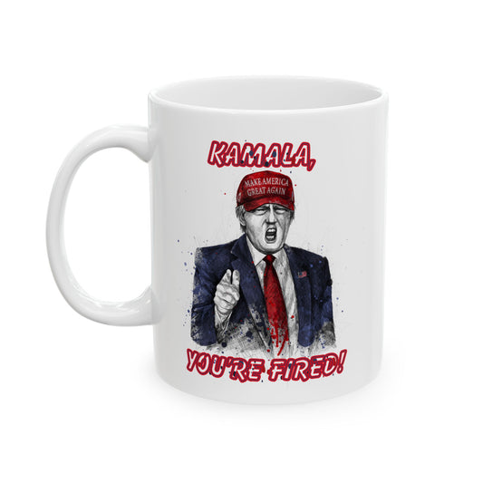 Trump "KAMALA, YOU'RE FIRED!" Scribble Art - Ceramic Mug (White, 11oz)