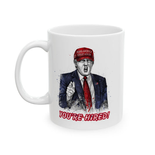 Trump "YOU'RE HIRED!" Scribble Art - Ceramic Mug (White, 11oz)