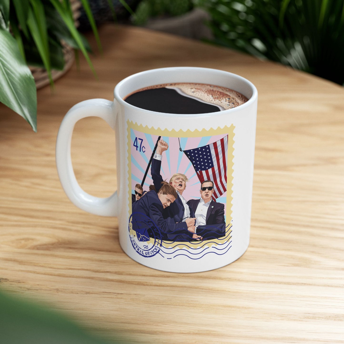 Trump 47c Assassination Defiance Cartoon Art Postage Stamp - Ceramic Mug (White, 11oz)