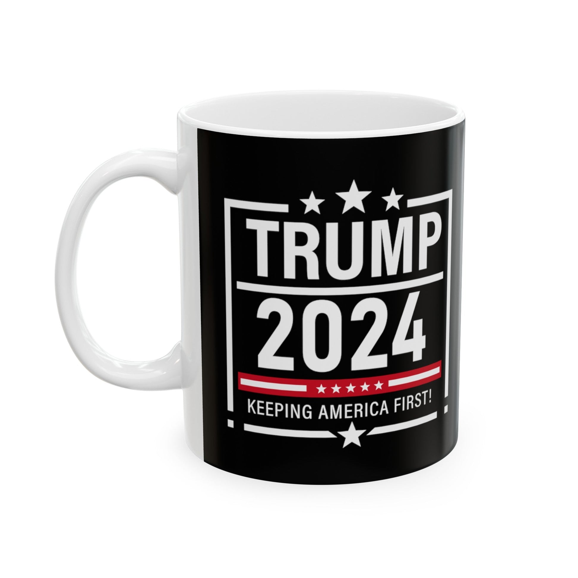 Trump 2024 Keeping America First - Ceramic Mug (Black, 11oz) - American Apostle - 11oz