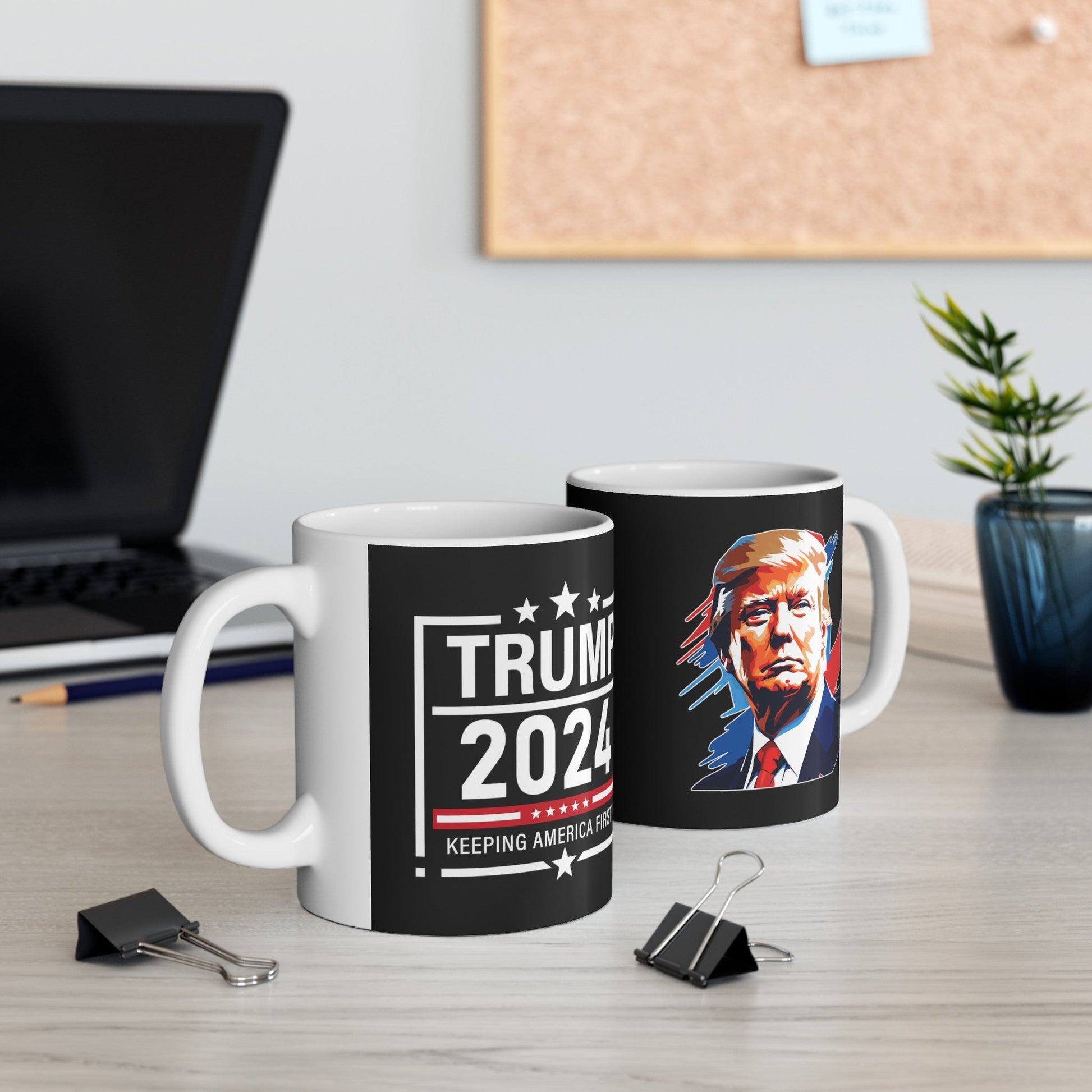 Trump 2024 Keeping America First - Ceramic Mug (Black, 11oz) - American Apostle - 11oz