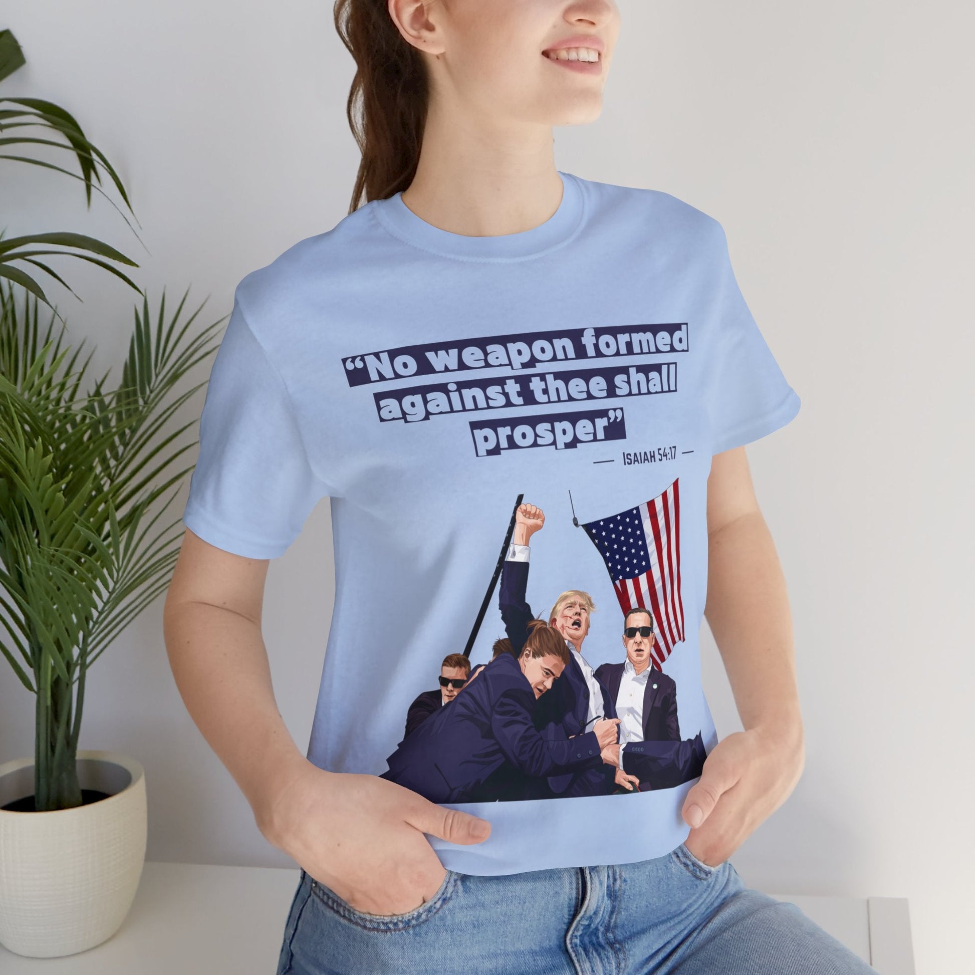 Trump Defiance [Isaiah 54:17] - Unisex T - Shirt - American Apostle - Baby Blue